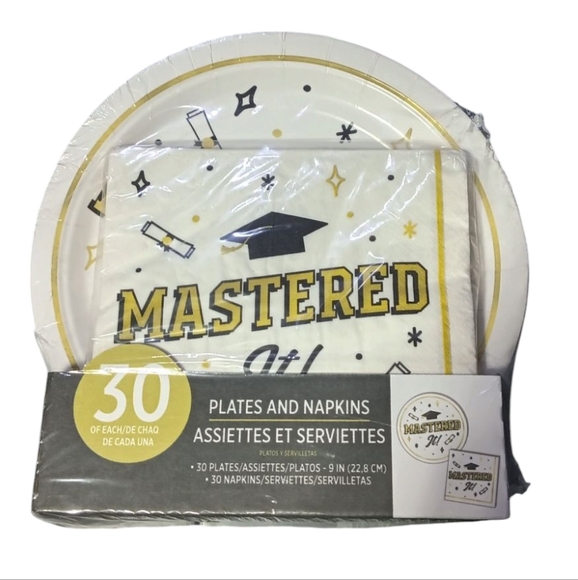 Mastered It Graduation Party Plates and Napkins Set - White and Gold - Picture 1 of 3